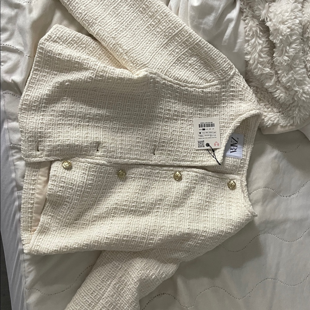 Girl's Tweed Cream Lined Blazer Jacket Size 11-12 Preppy Mini Me New With Tag